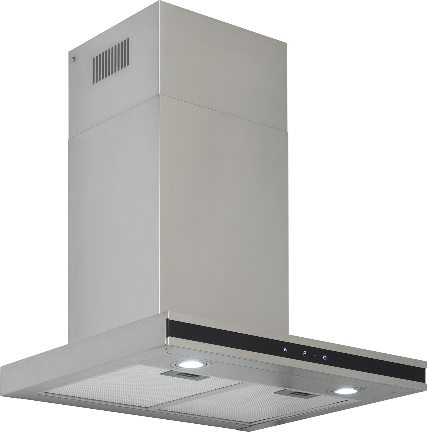 Stainless steel range hood with lights and control panel. Black background.