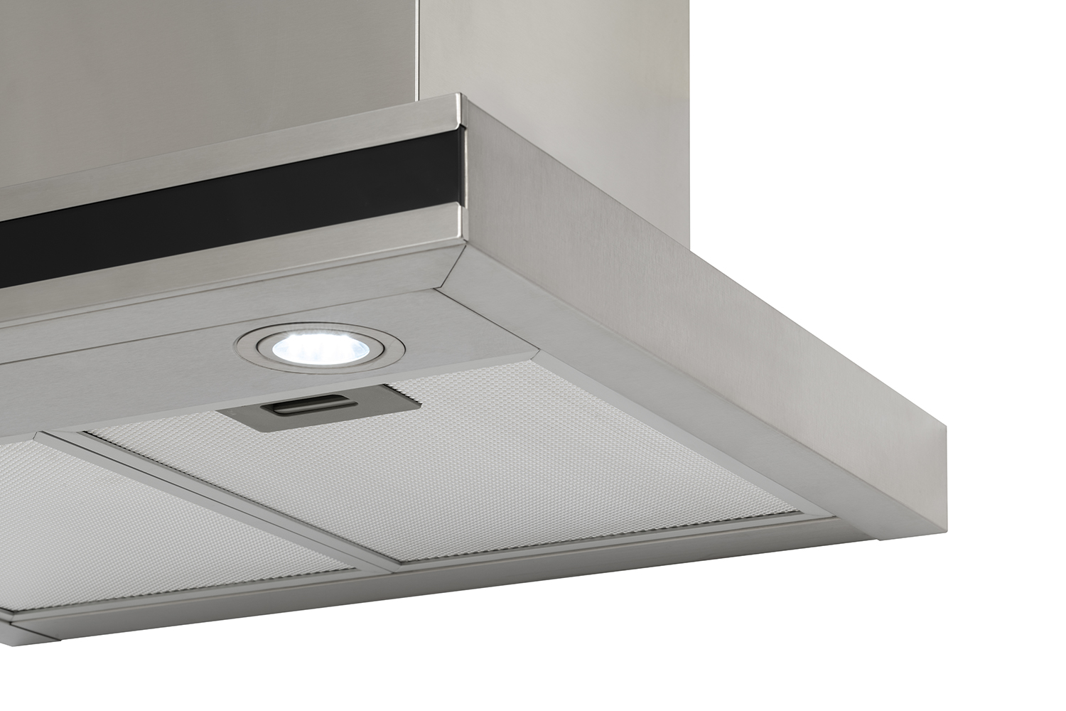 Range hood, stainless steel, with light and vent, on white background.