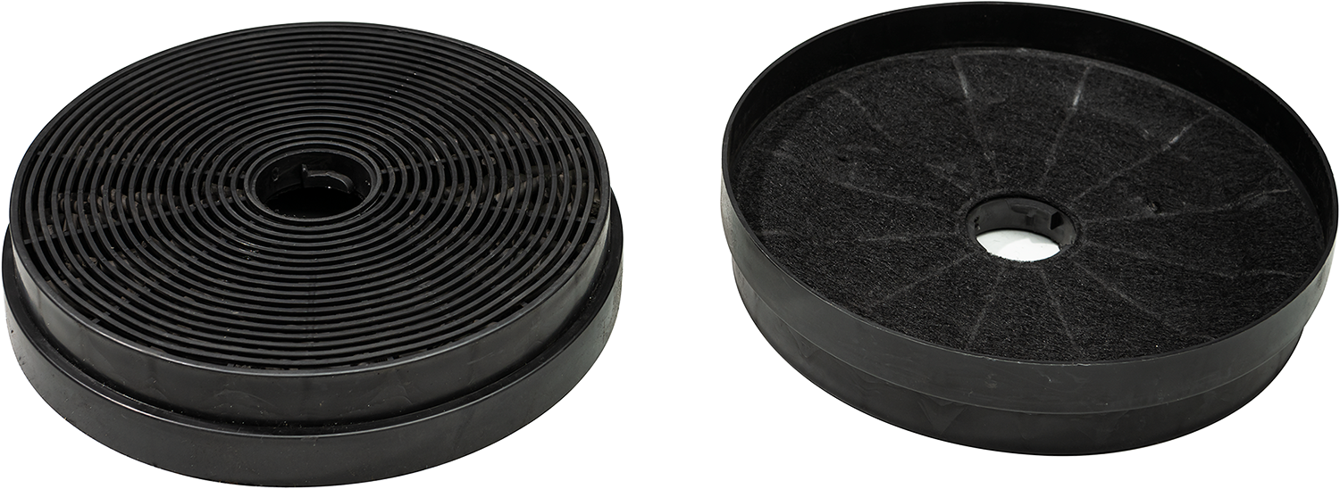 Two black carbon filters. One rolled up, one flat.