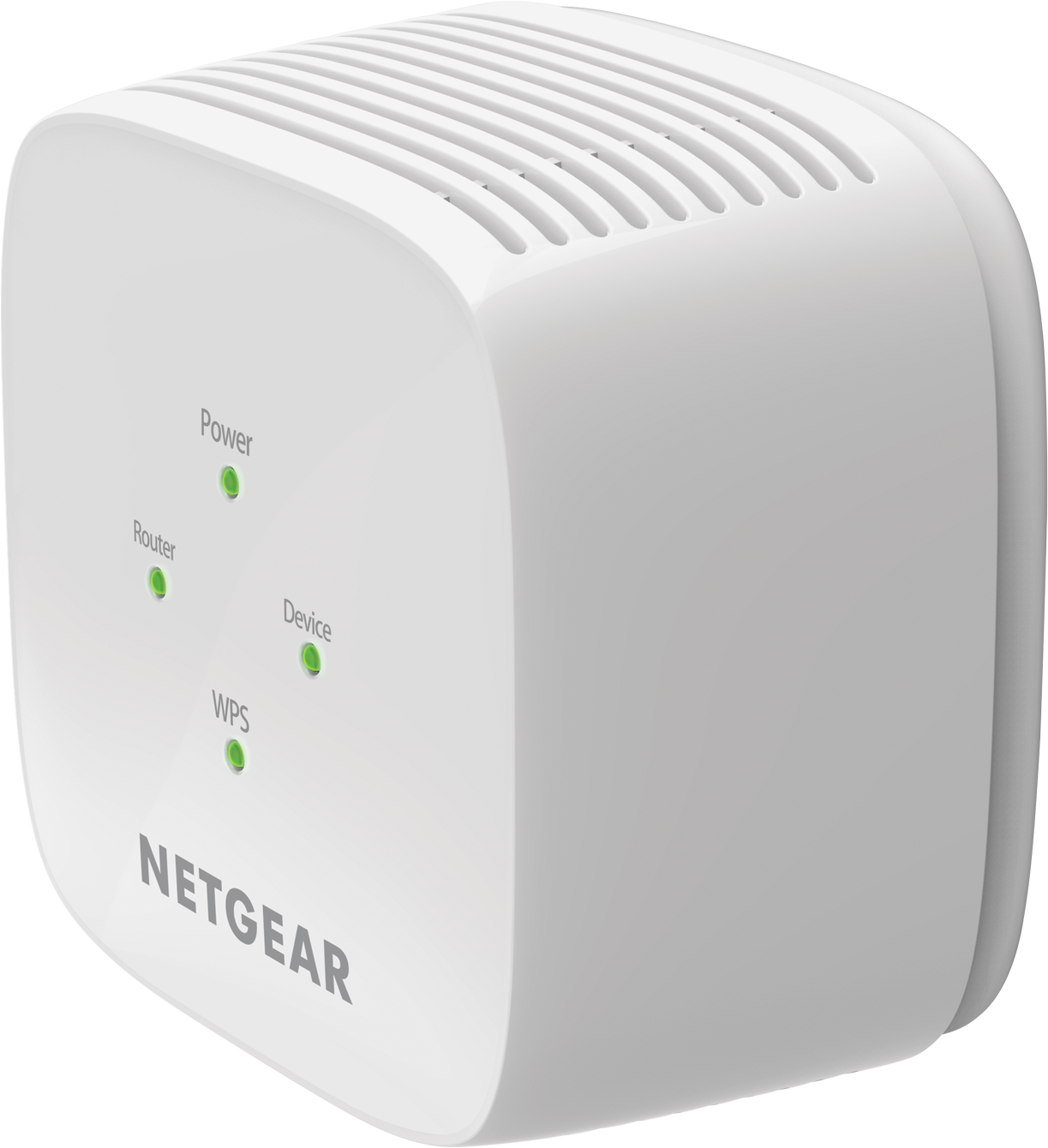 Appareil NETGEAR blanc avec voyants verts et le nom de la marque.