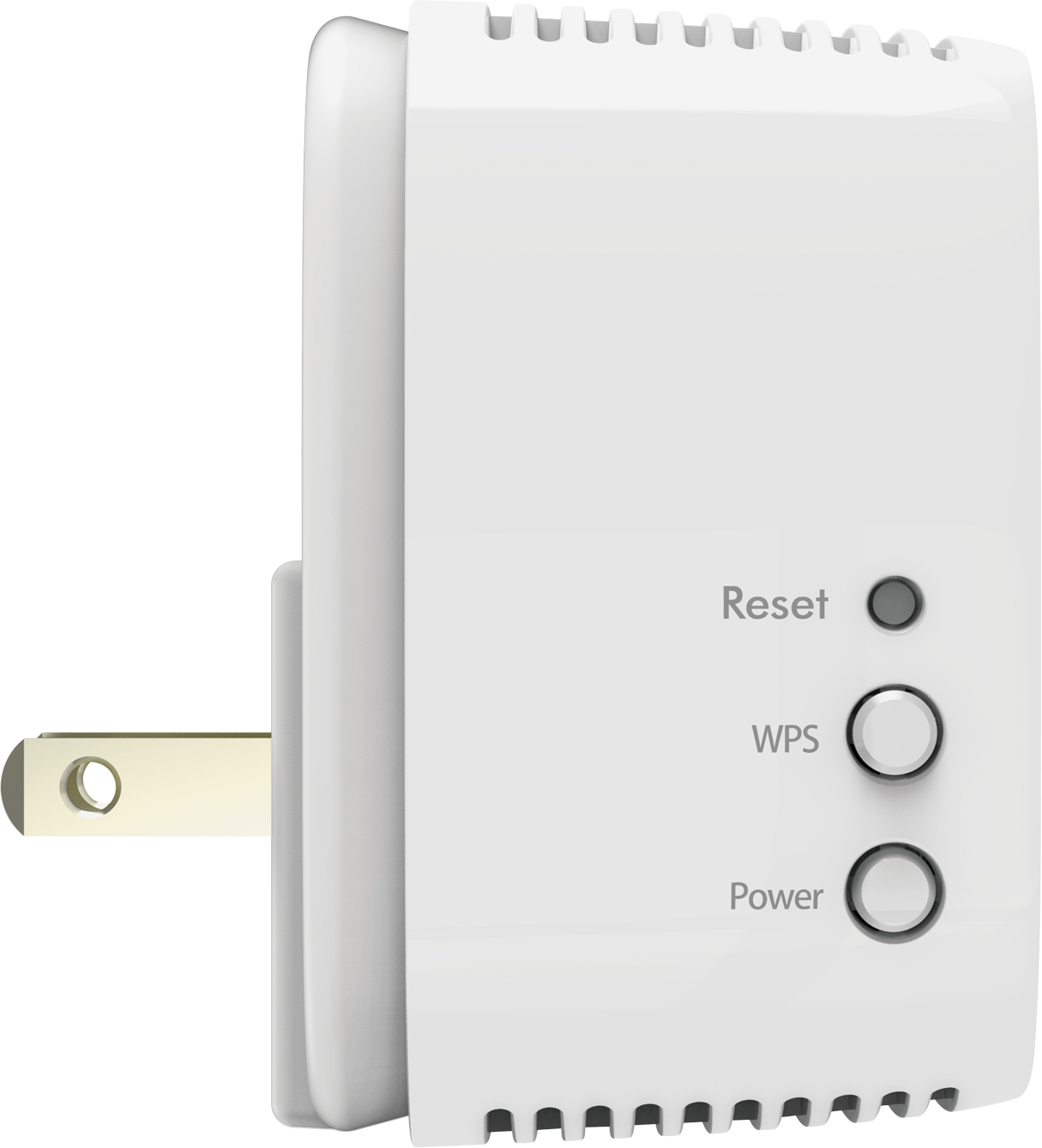 Répéteur Wi-Fi enfichable blanc avec boutons de réinitialisation, WPS et alimentation.