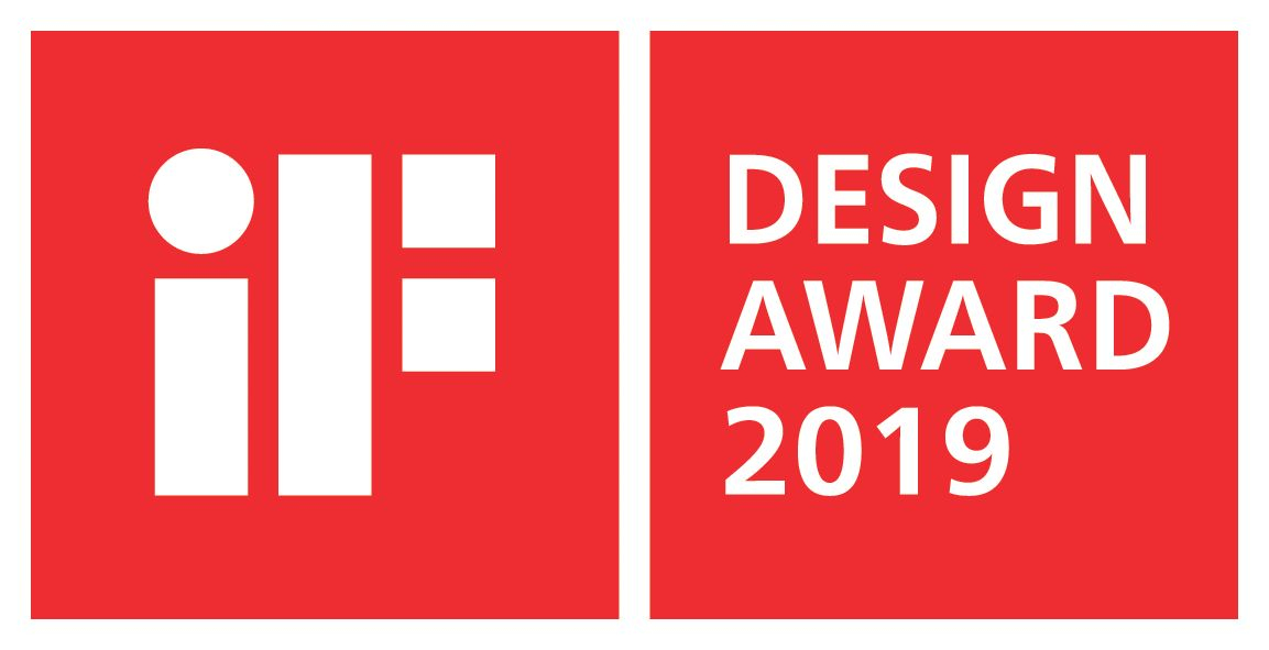 Logo iF Design Award 2019 rouge et blanc sur fond rouge.