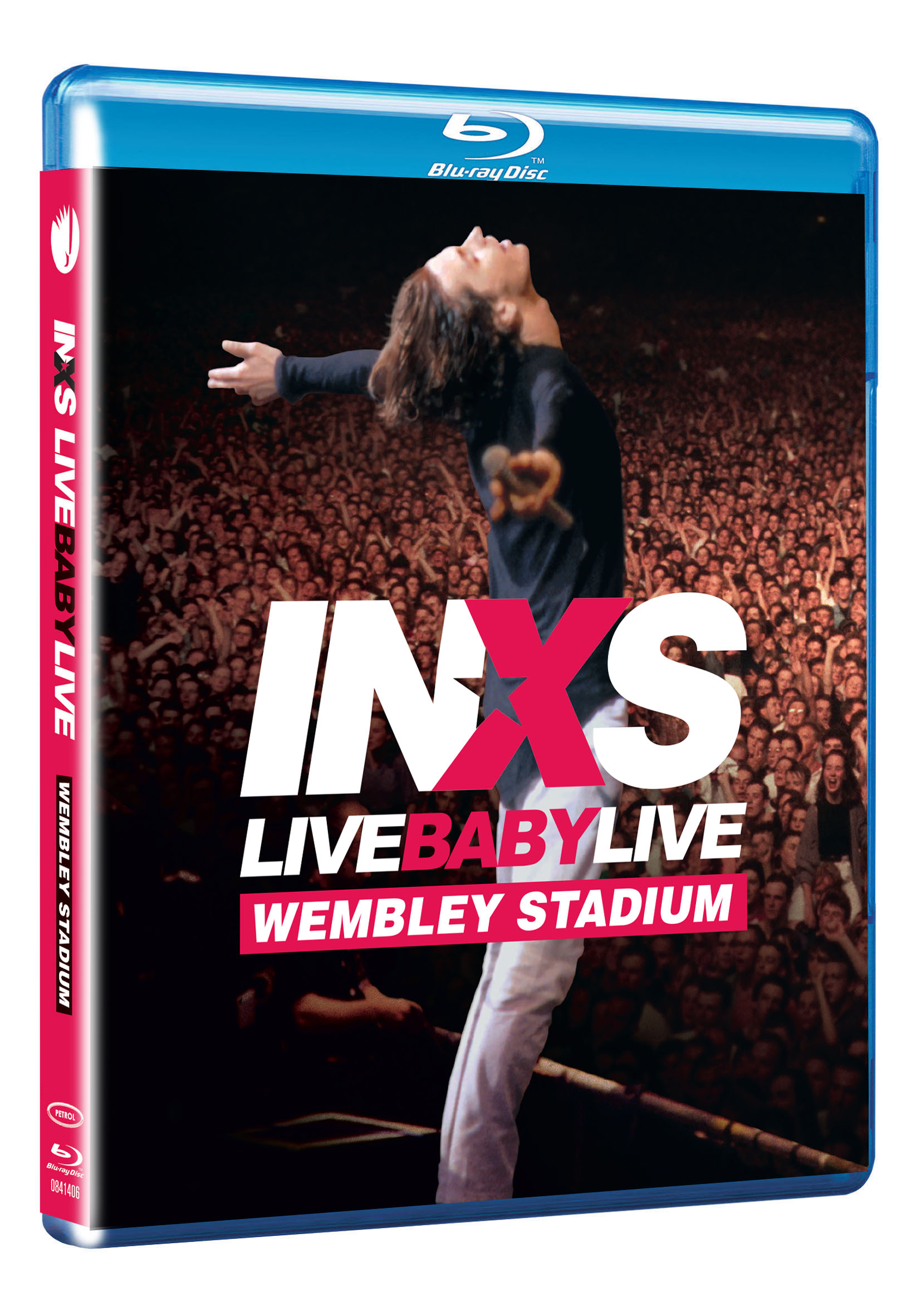 INXS Live Baby Live Blu-ray-Cover. Ein Mann auf der Bühne mit ausgestreckten Armen vor einer Menge.