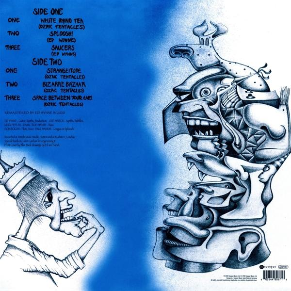 Vinyl-Schallplattenetikett mit verschiedenen Songtiteln und einer Cartoon-Zeichnung von Gesichtern und Figuren.