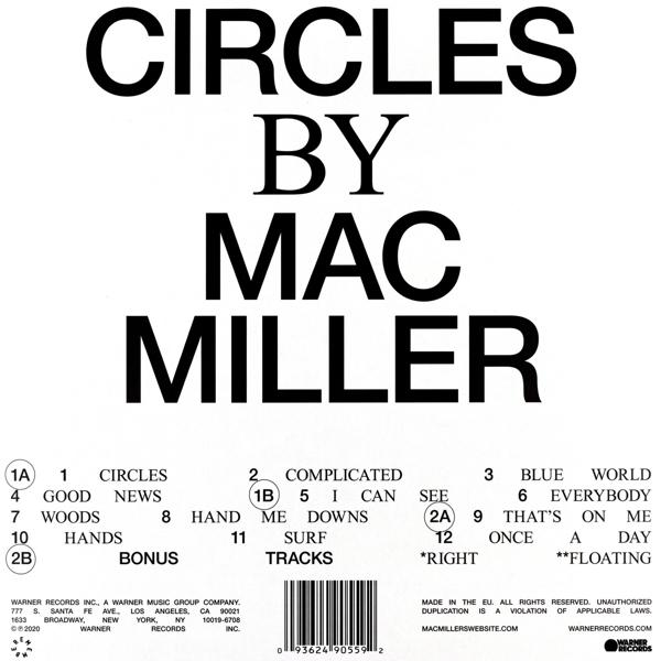 Albumcover für 'Circles' von Mac Miller, mit Trackliste. Titel und Künstlername sind prominent.