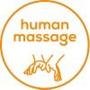 Un cercle orange avec les mots massage humain et deux mains qui se touchent.
