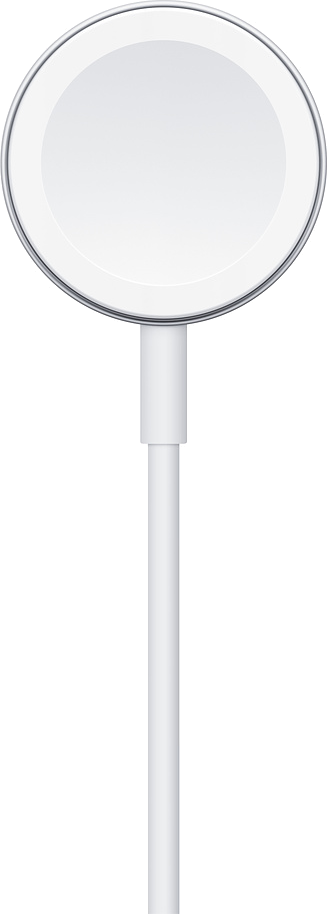 Un câble de chargement magnétique blanc pour Apple Watch avec un chargeur circulaire.