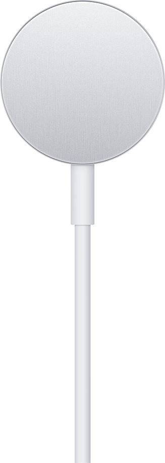 Un chargeur MagSafe blanc Apple avec un socle de chargement circulaire et un câble blanc.