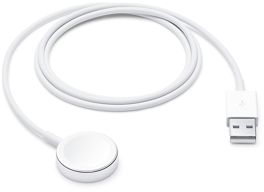 Câble de chargement blanc pour Apple Watch avec extrémité USB.