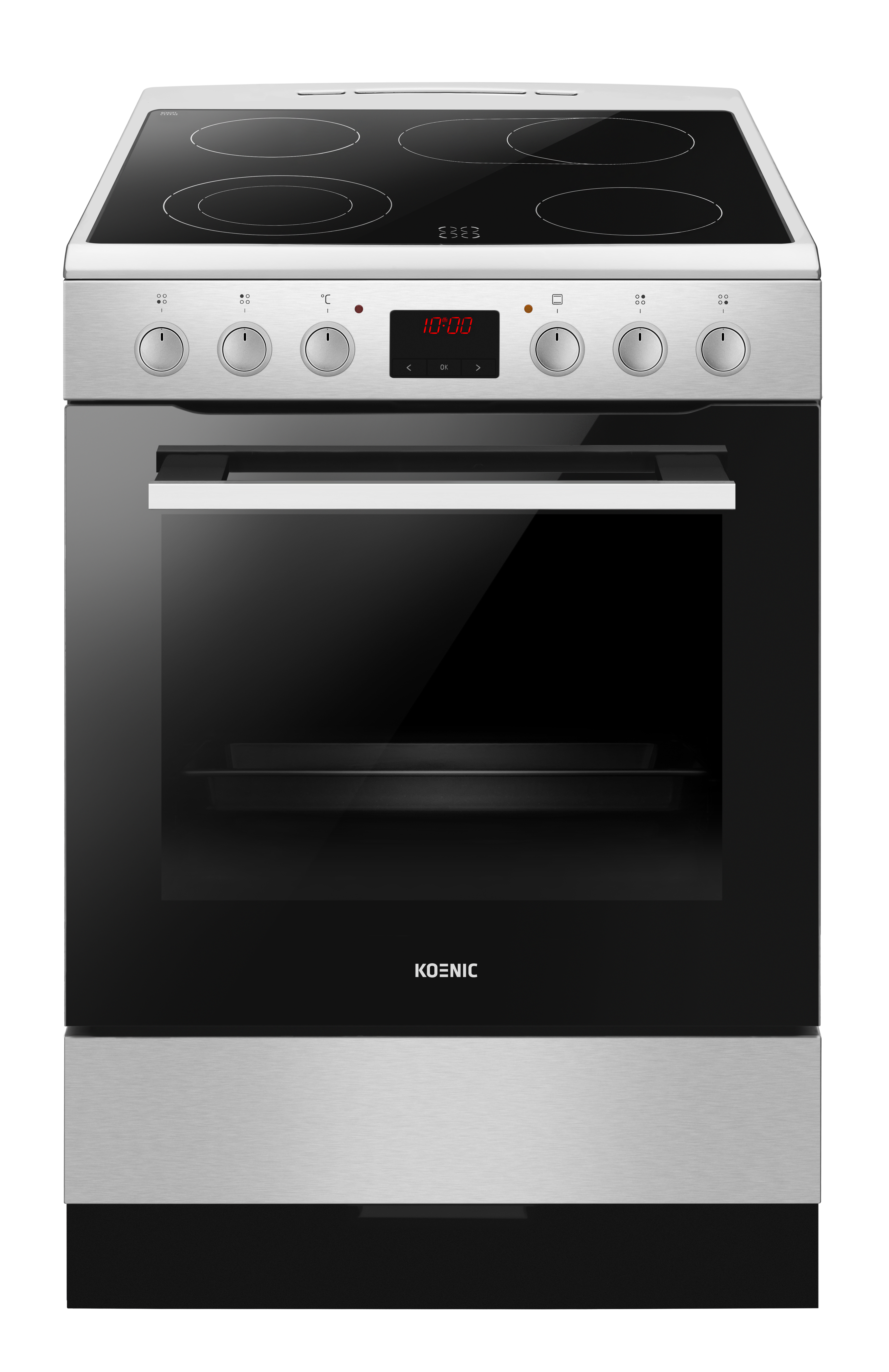 Silberner und schwarzer Koenic Elektroherd mit Glaskeramik-Kochfeld.