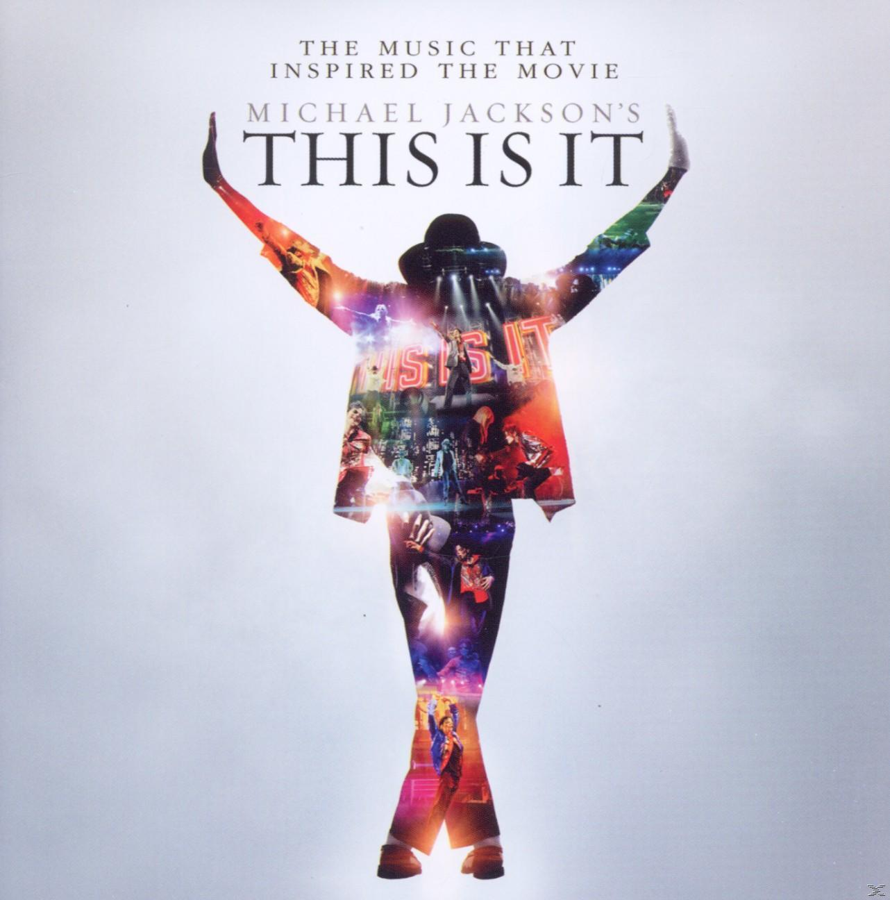 Michael Jackson album borítója: egy alak karokkal fel, tele képekkel. Szöveg: This Is It.