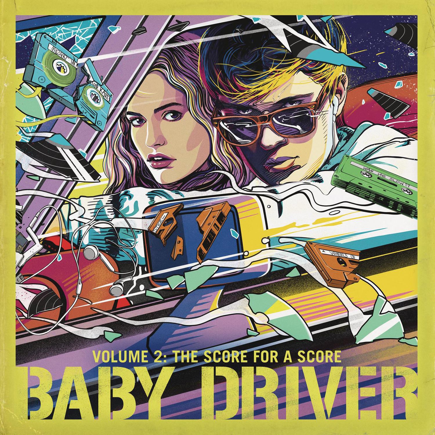 Baby Driver albumhoes met twee mensen, cassettes en kleurrijke kunst.