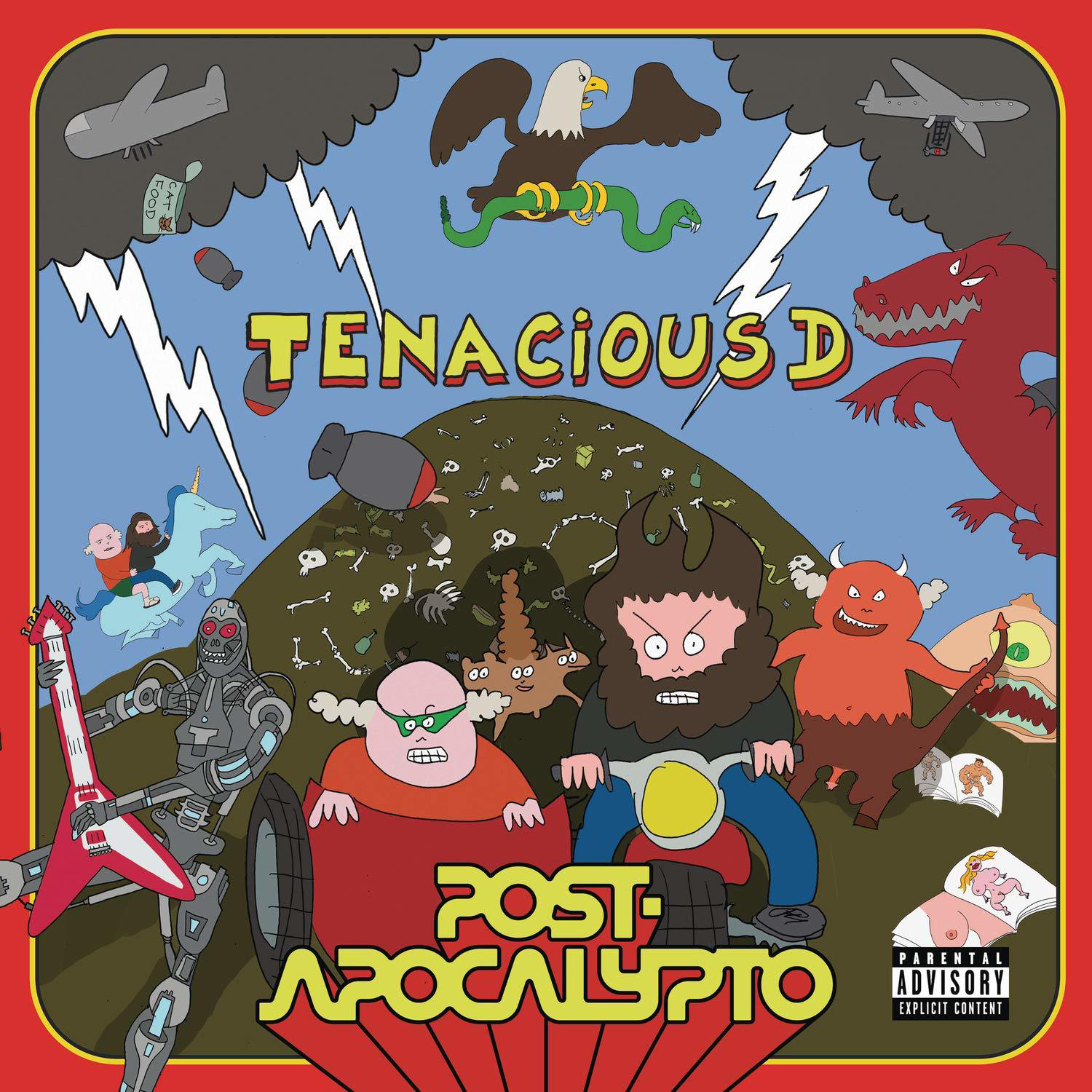 Cartoon-Albumcover mit einem Dinosaurier, einem Roboter und anderen Figuren auf einem Hügel.