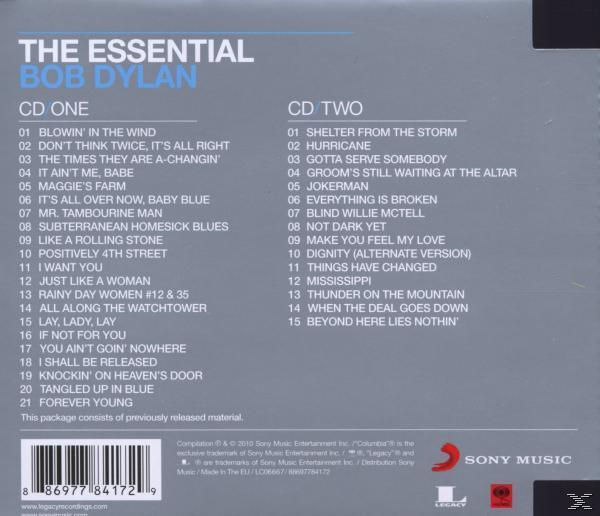 Az albumborító Bob Dylan 'The Essential' CD-jének dalait sorolja fel. Két CD szerepel a számok listájával.