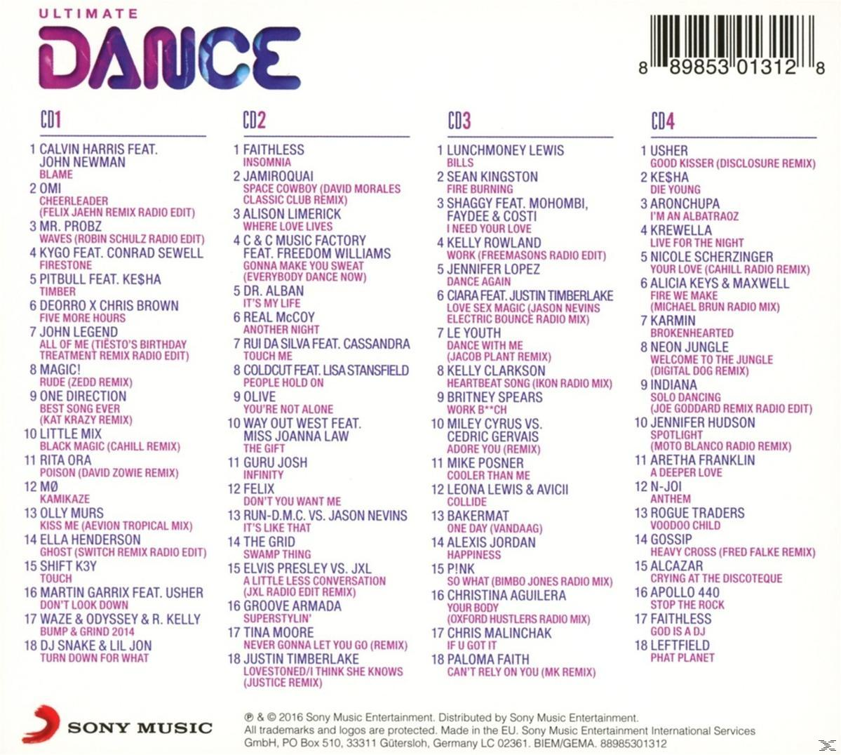 Ultimate Dance CD-Compilation-Cover mit Titellisten für vier CDs.