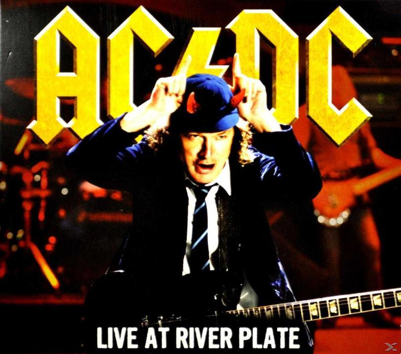AC/DC Live at River Plate album borító. Egy ördögszarvakkal rendelkező férfi gitározik.