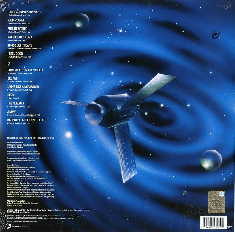 Album borító űrművészettel, egy műholddal és a dalok címeivel.