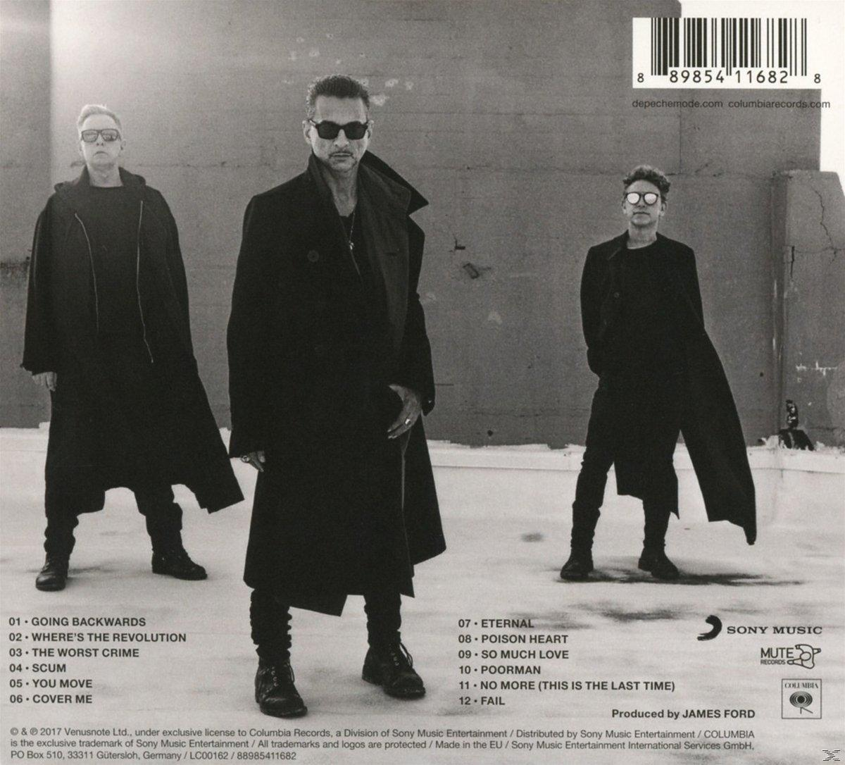 Depeche Mode Albumcover: drei Männer in schwarzen Mänteln, weißer Hintergrund.