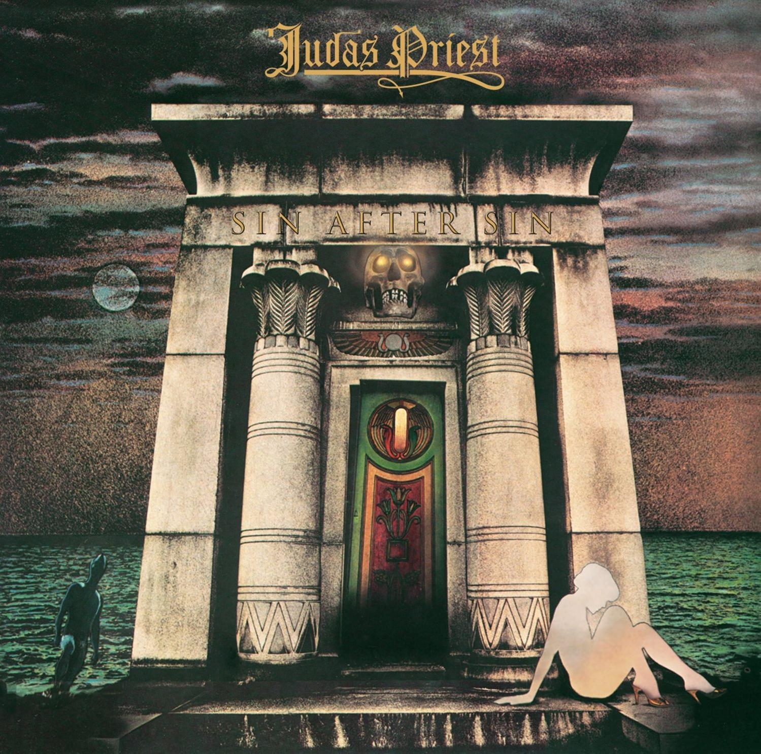 Album borító templommal, a Sin After Sin szöveggel és egy holddal. Figurák láthatók.