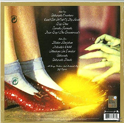 Albumcover mit Beinen, Rubinschuhen und gelbem Spritzer, sowie Trackliste und Credits.
