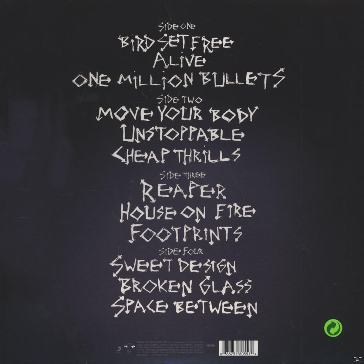 Albumcover. Weißer Text auf dunklem Hintergrund. Songtitel sind aufgelistet.
