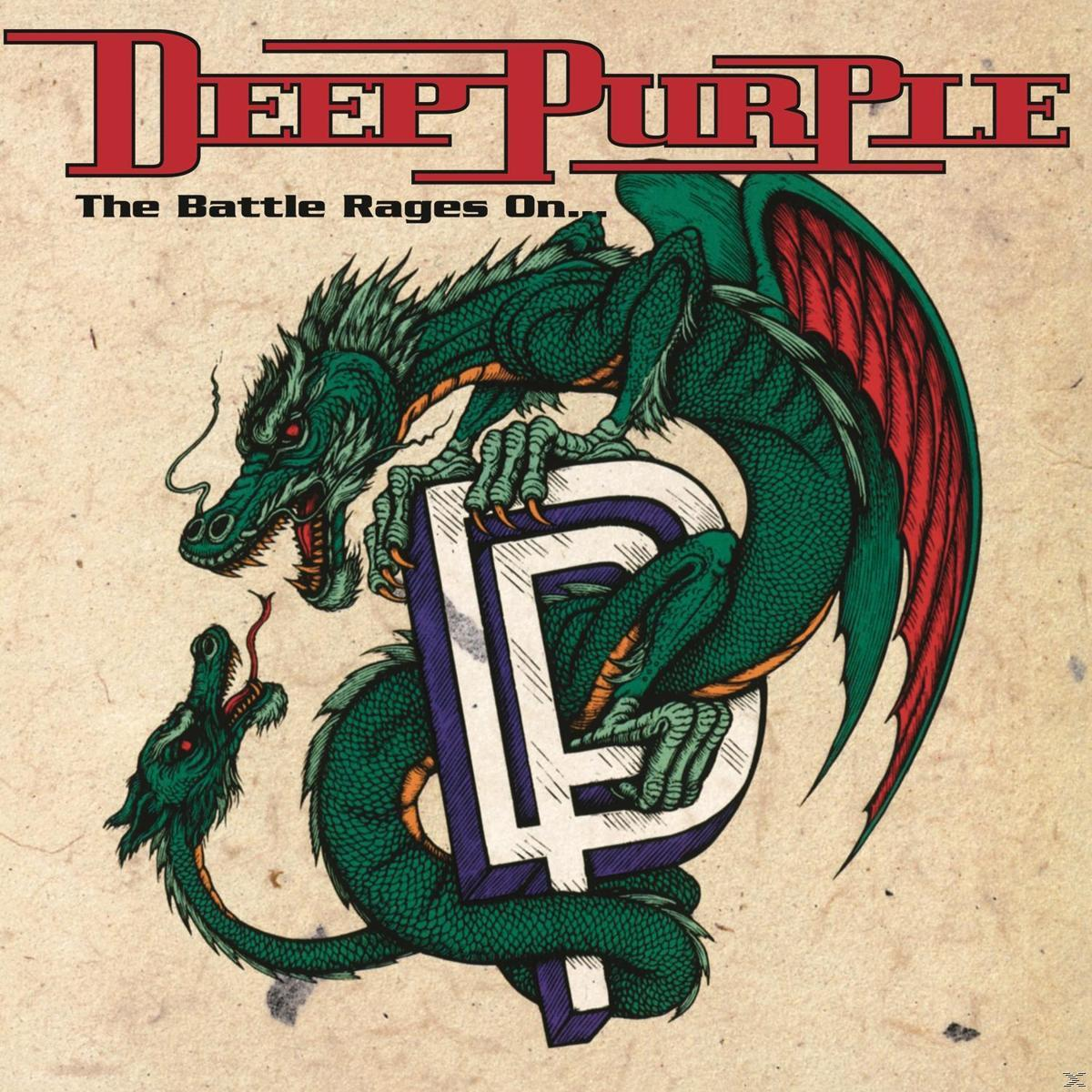 Deep Purple Albumcover mit Drachen über stilisiertem 'DP' und Text 'The Battle Rages On.'