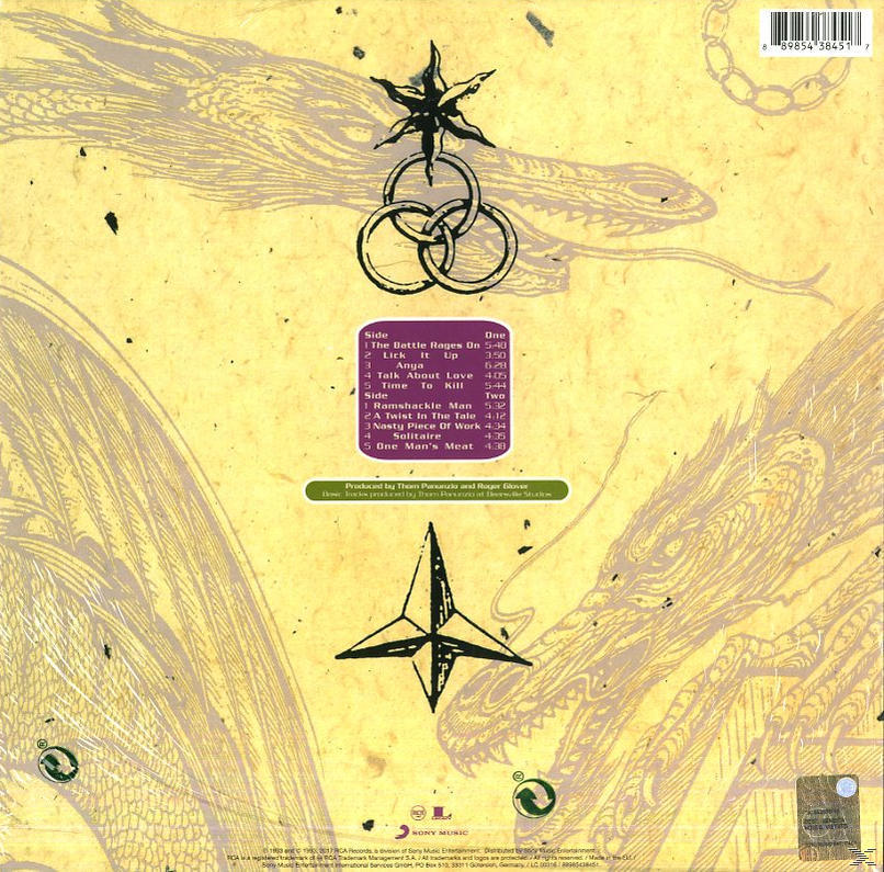 Rückseite eines Vinyl-Albumcovers mit Artwork. Drache und Text.