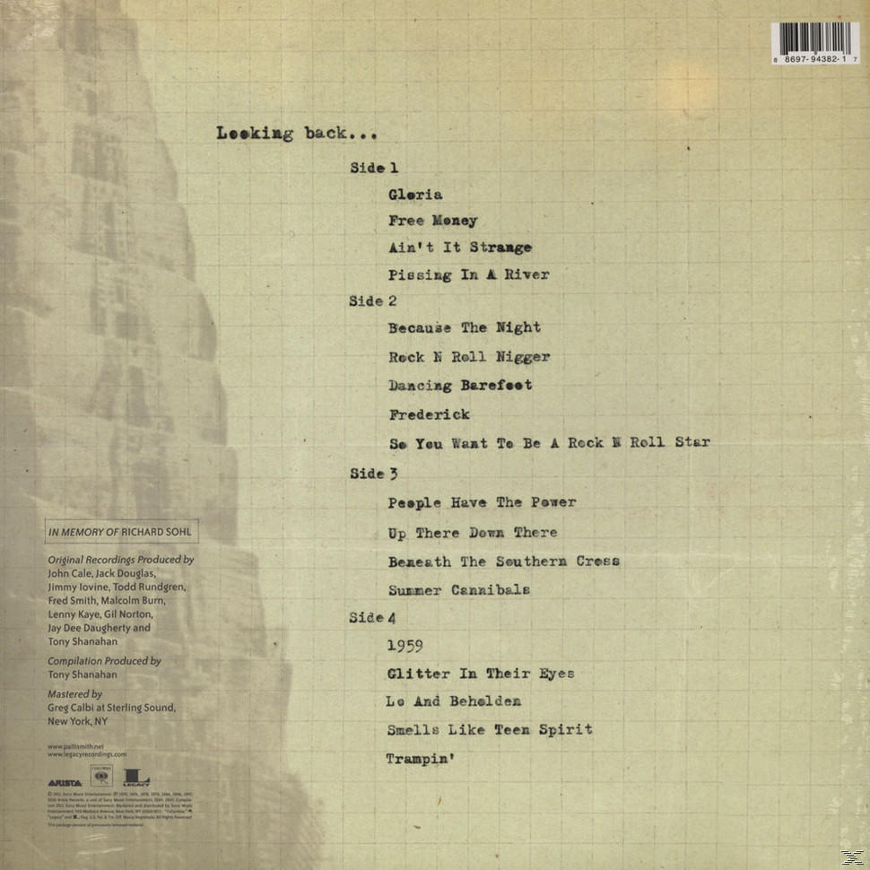 Album-Rückseite mit Songliste. Text und Logos auf beigem Hintergrund, mit einer Liste von Songs.