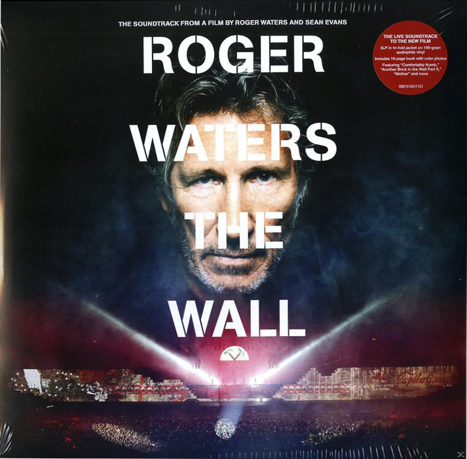 Roger Waters album borítója. Waters arca a központban. A cím: Roger Waters The Wall.