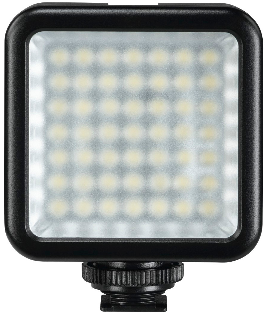 Black LED light with many small LEDs. The light is inside a square frame. White background.