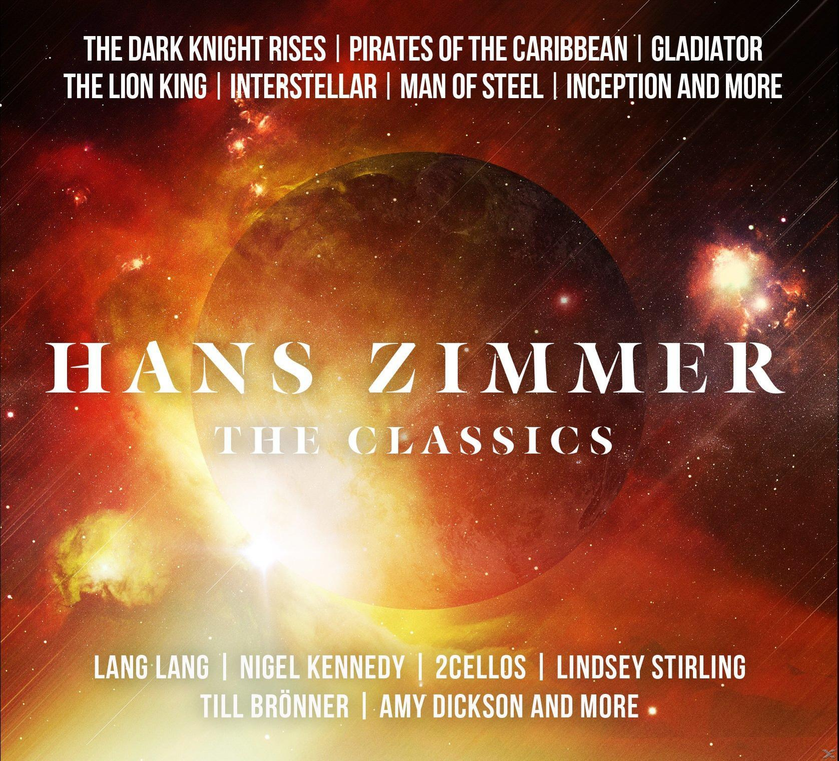 Pochette d'album avec le texte : Hans Zimmer The Classics. Étoiles et lumière vive en arrière-plan.