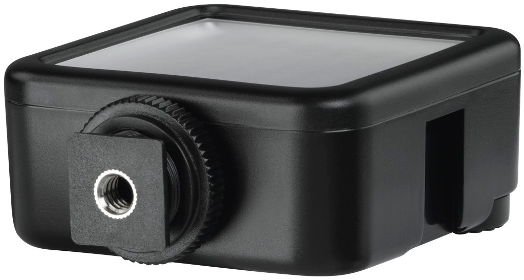 Black rectangular LED light, with a screw mount on one side. Clear light surface.