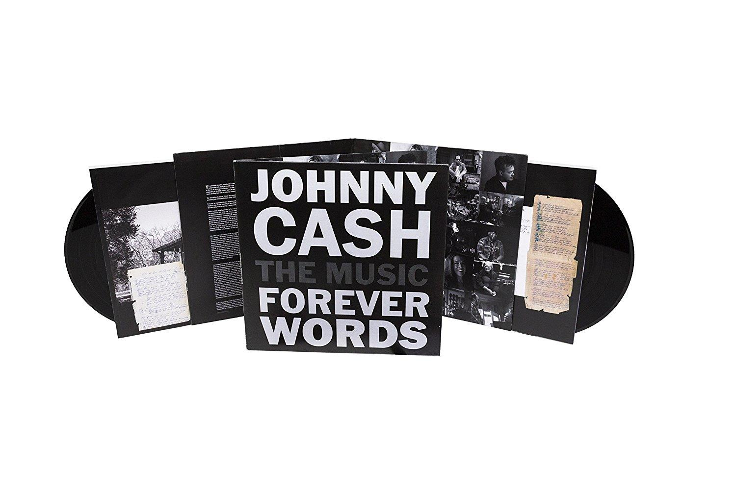 Johnny Cash Albumcover mit schwarzen Schallplatten. Der Text "The Music Forever Words" ist sichtbar.