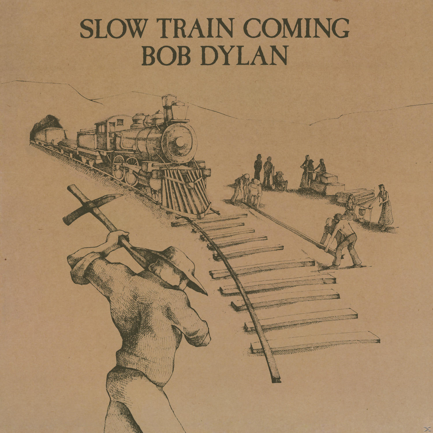 Albumcover mit Zug, Arbeitern beim Gleisbau und den Worten "SLOW TRAIN COMING" und "BOB DYLAN".