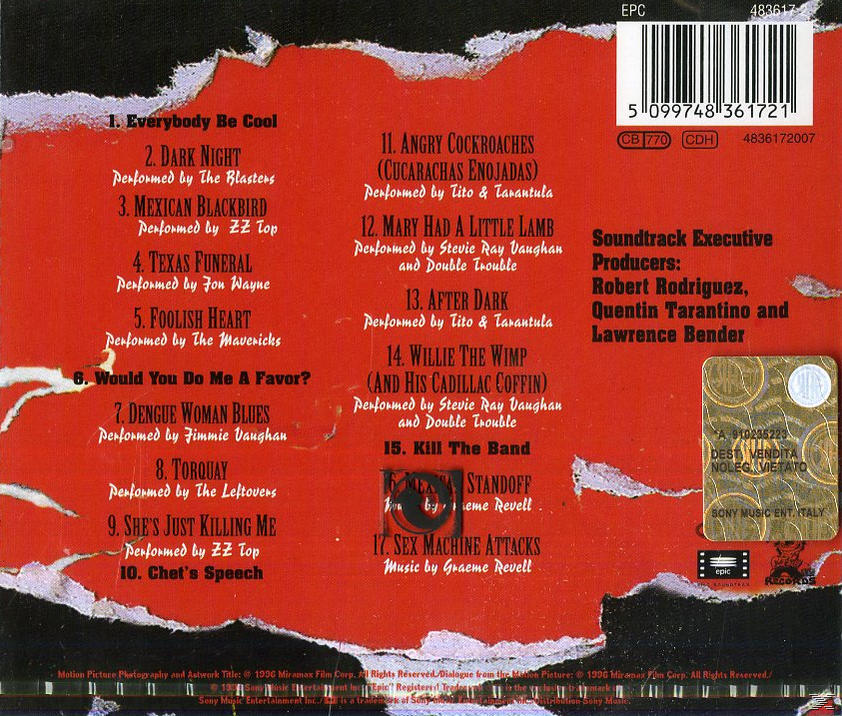 Az album hátlapja piros háttérrel és számlistával. Az album részletei és a kreditek is láthatók.