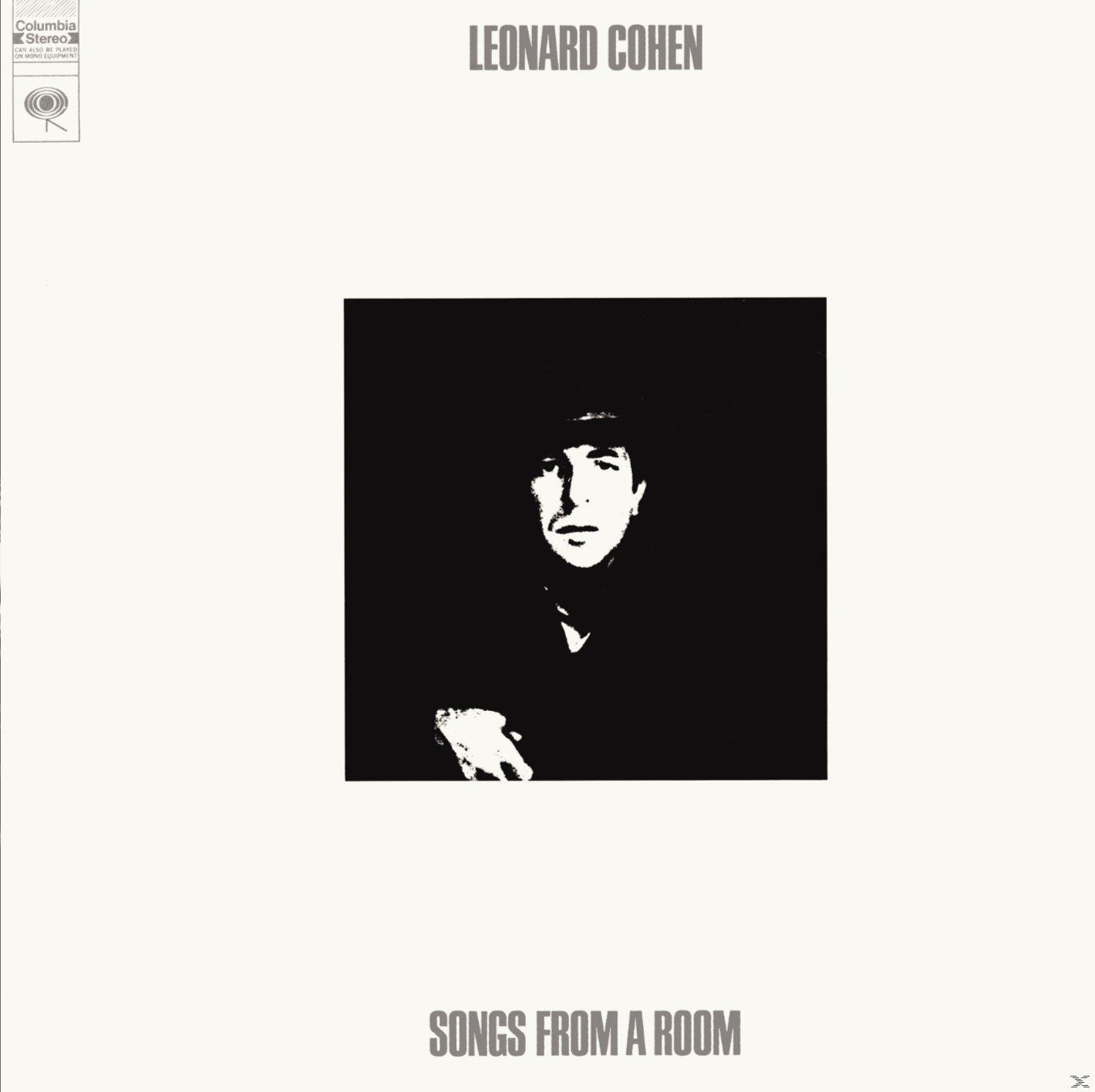 Album borító: Leonard Cohen, fekete-fehér fotó az énekesről, 'Songs from a Room' szöveggel.