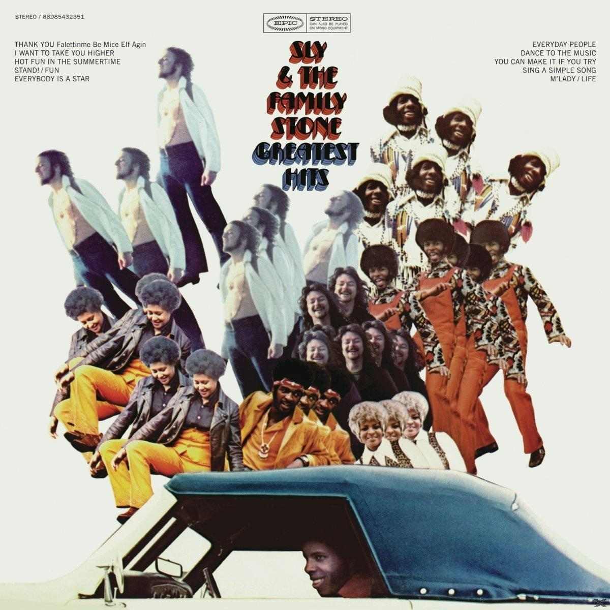 Sly & The Family Stone album borítója, sok színes ruhás ember, kocsiban.