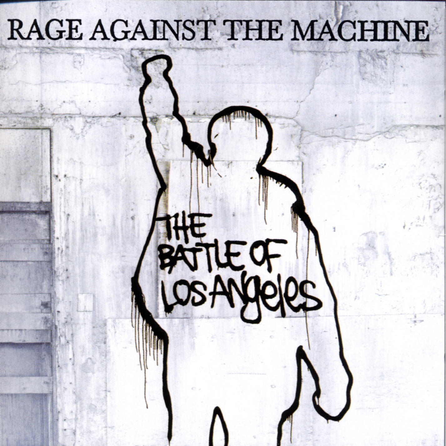 Albumhoes. Zwart silhouet van een man met vuist omhoog op een witte muur. Tekst: Rage Against The Machine, The Battle of Los Angeles.