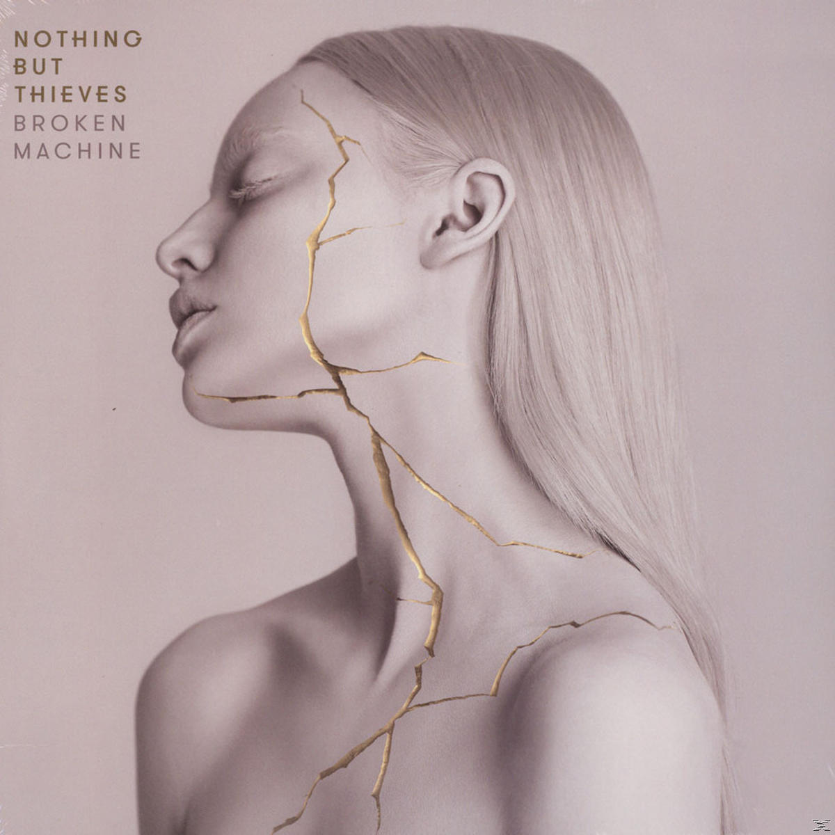 Album borító szőke hajú nőről, oldalsó profil arany repedésekkel az arcán és a nyakán. Szöveg: Nothing But Thieves.
