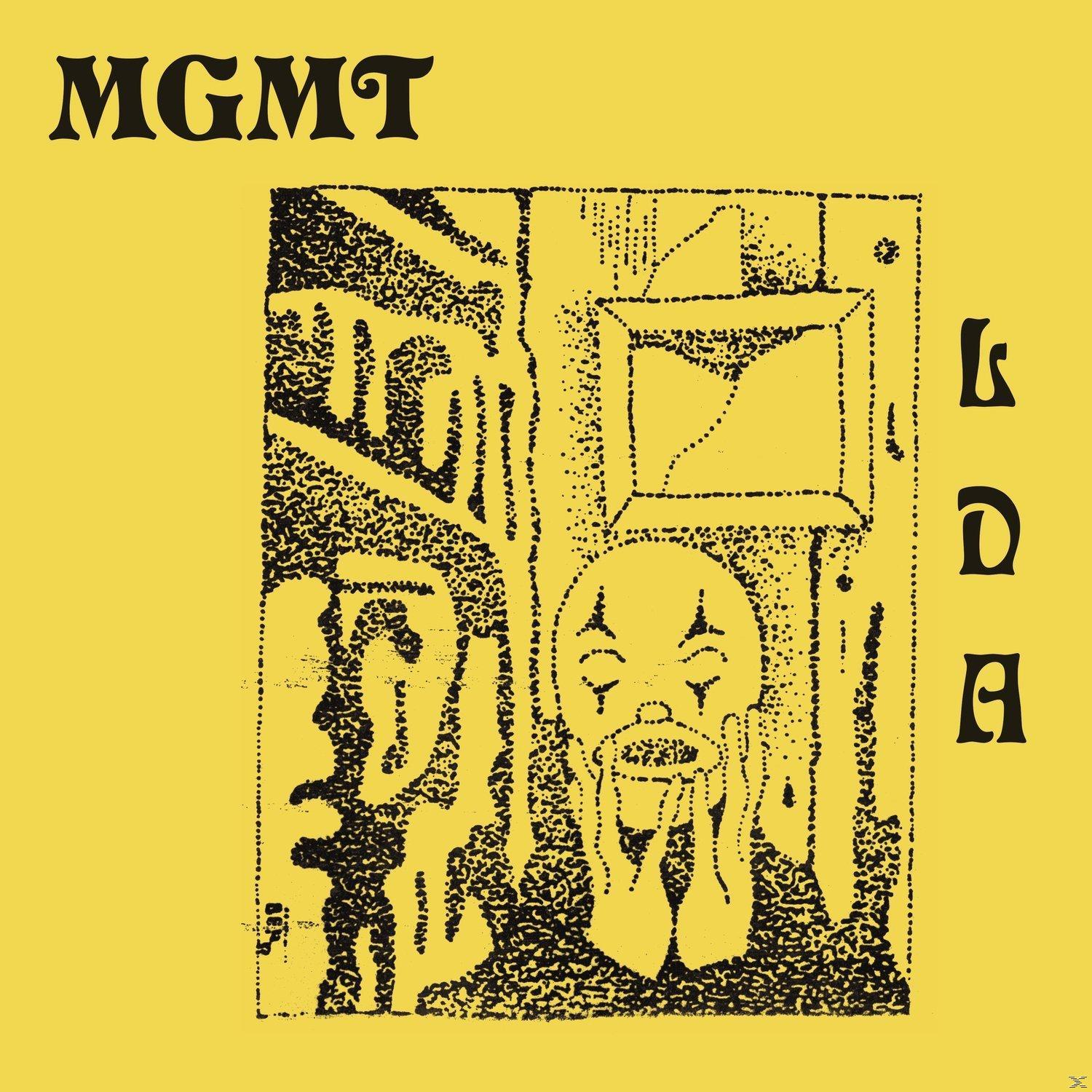 Albumcover mit gelbem Hintergrund, schwarzem Design, einem Clowngesicht und den Buchstaben "MGMT" und "LDA".