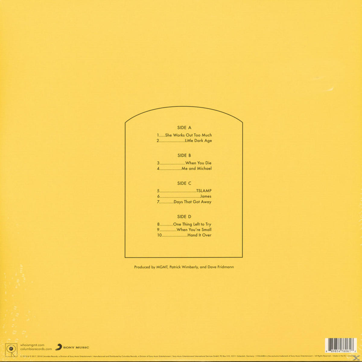 Albumcover in Gelb mit Songtiteln und Credits.