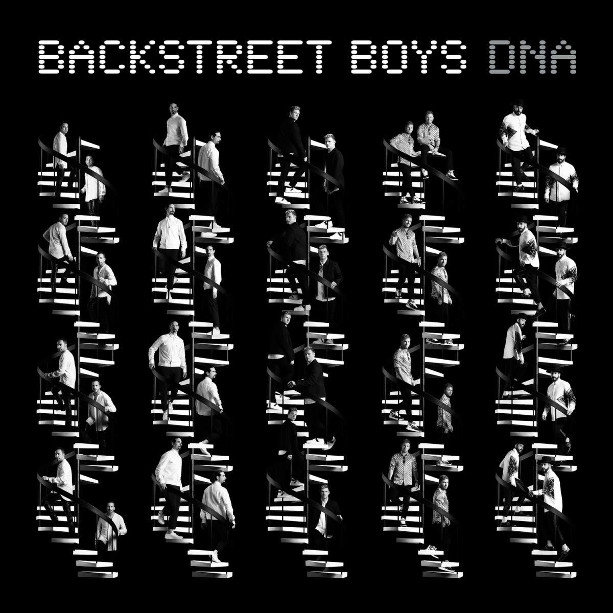 Album borító: Backstreet Boys lépcsőn. Fekete-fehér. 'DNA' szöveg felül.