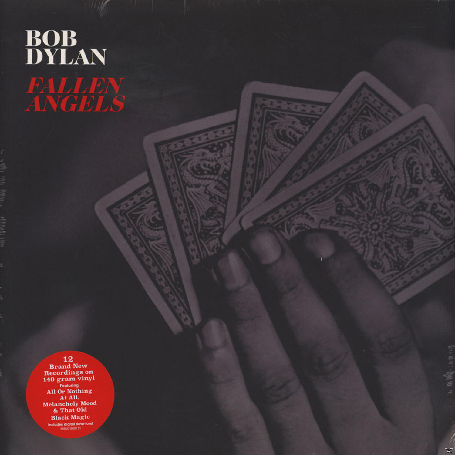 Bob Dylan album borító, kéz kártyákat tart, 'FALLEN ANGELS' szöveg és album részletek.