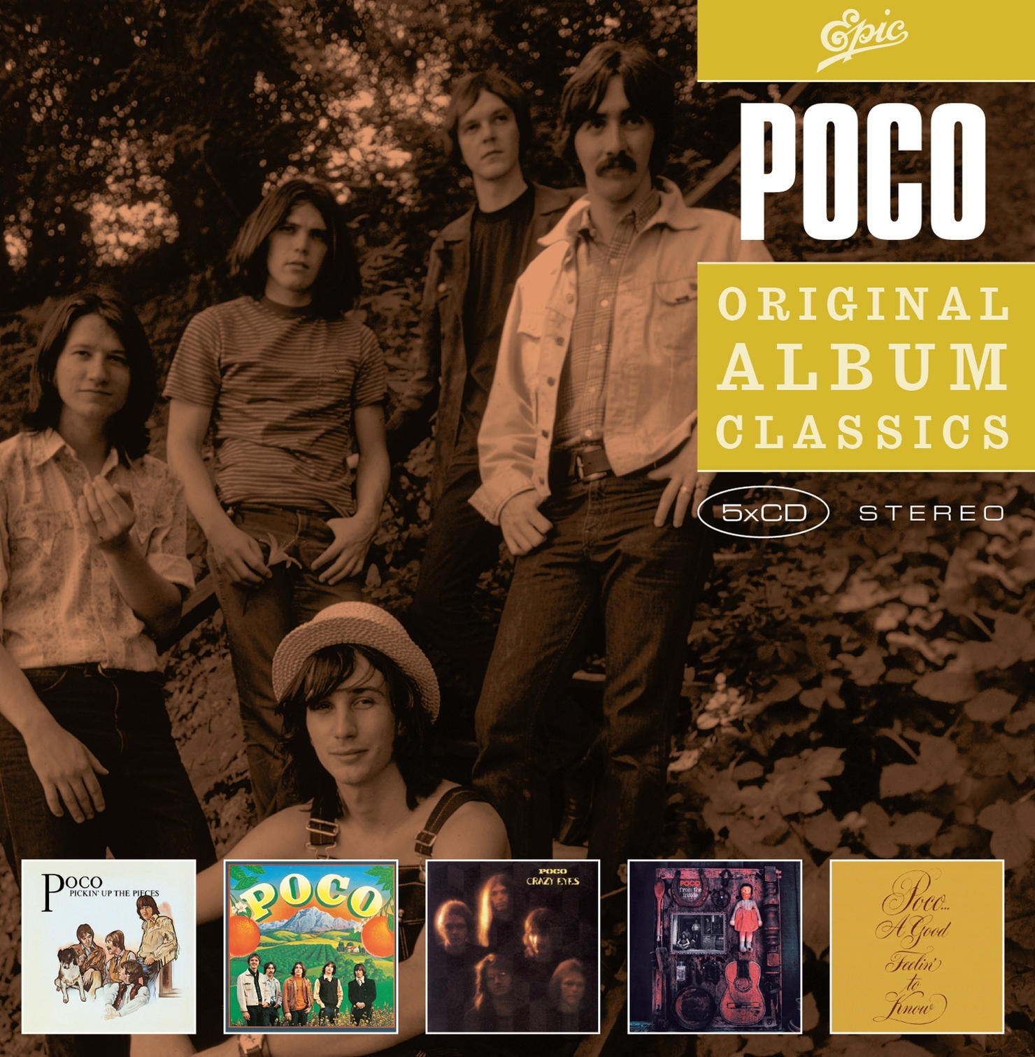 Albumcover für Poco, Original Album Classics. Fünf Albumcover und Bandmitglieder in einer Gruppe.