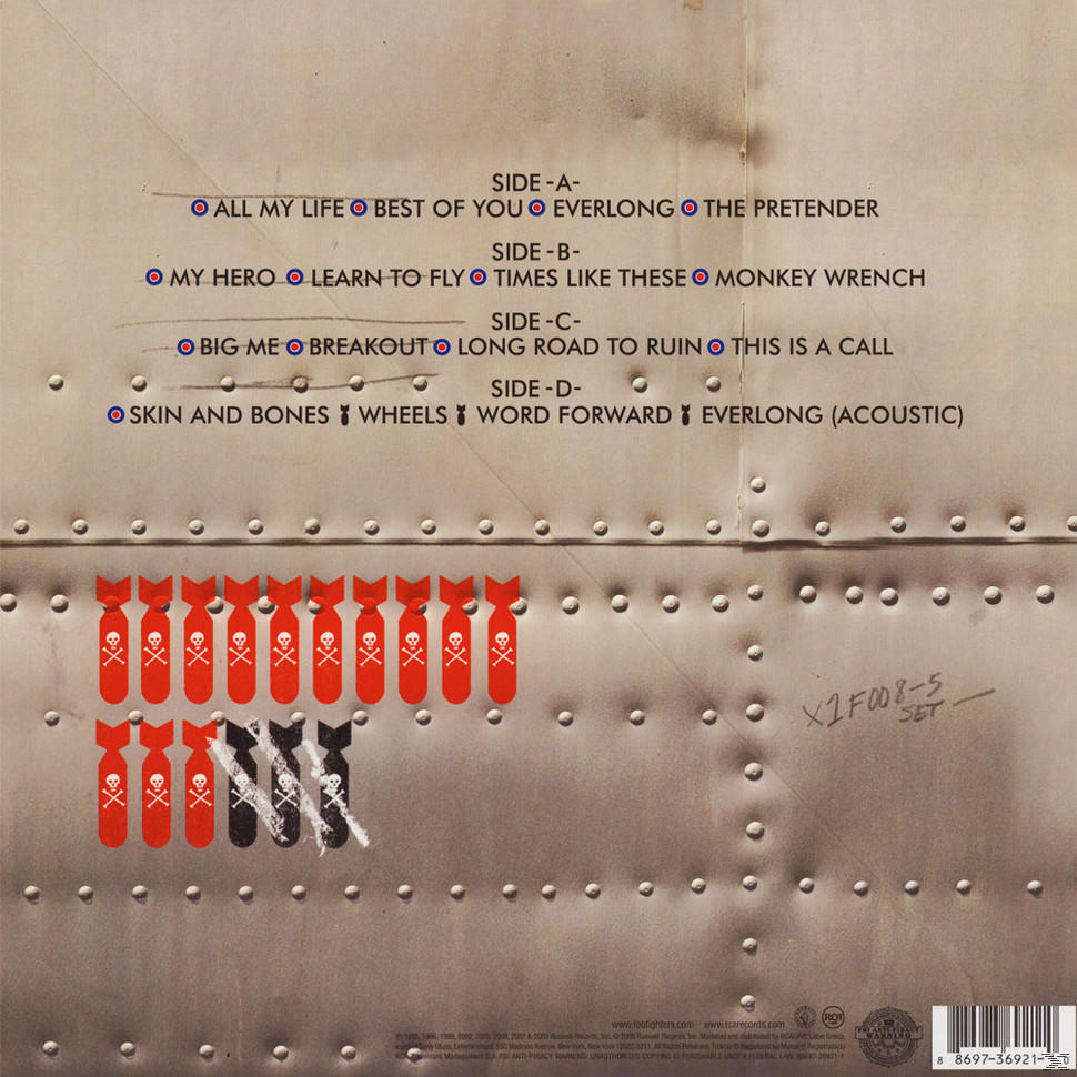 Rückseite eines Musikalbums mit einer Titelliste und einer Zeichnung von Bomben.