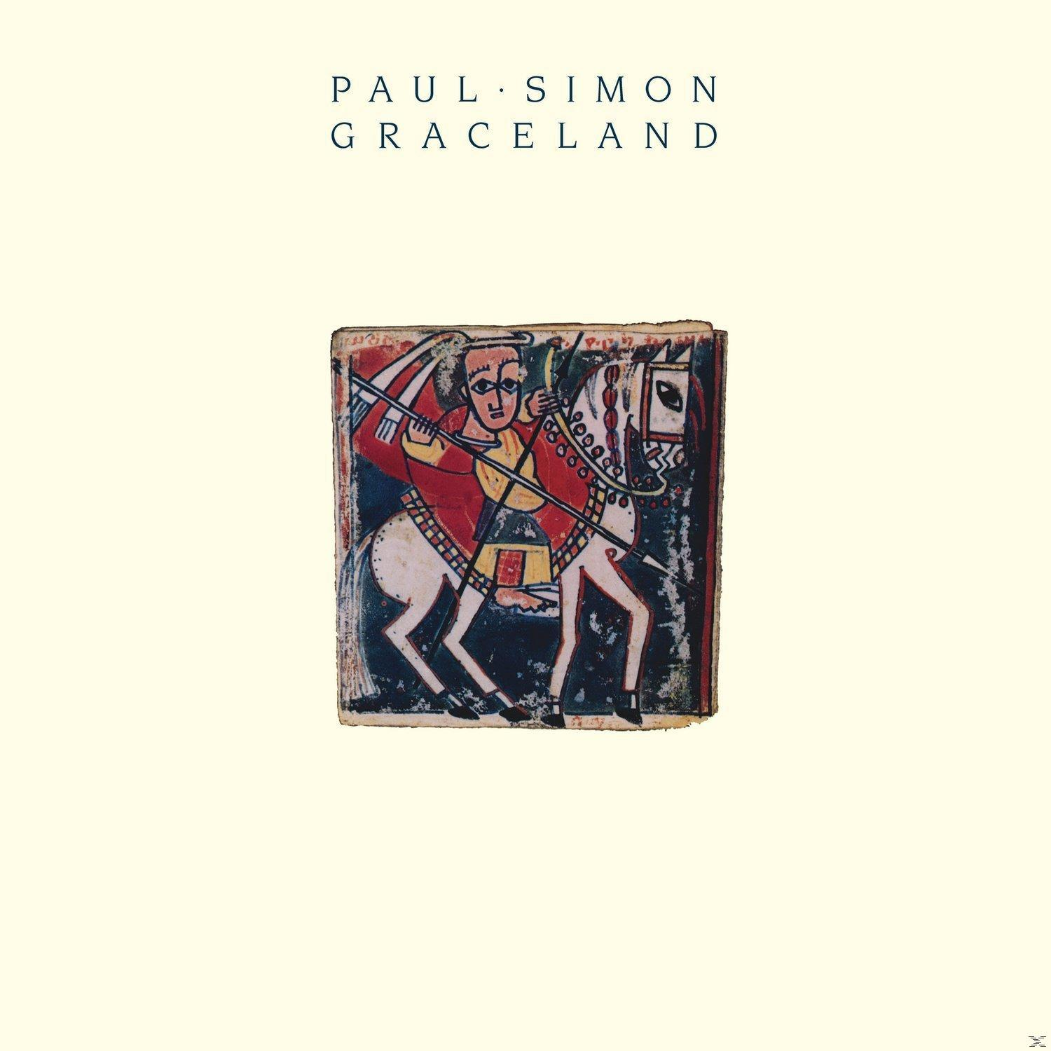 Paul Simon Albumcover. Bild eines Mannes, der ein Pferd reitet und einen Speer hält. Titel: Graceland.