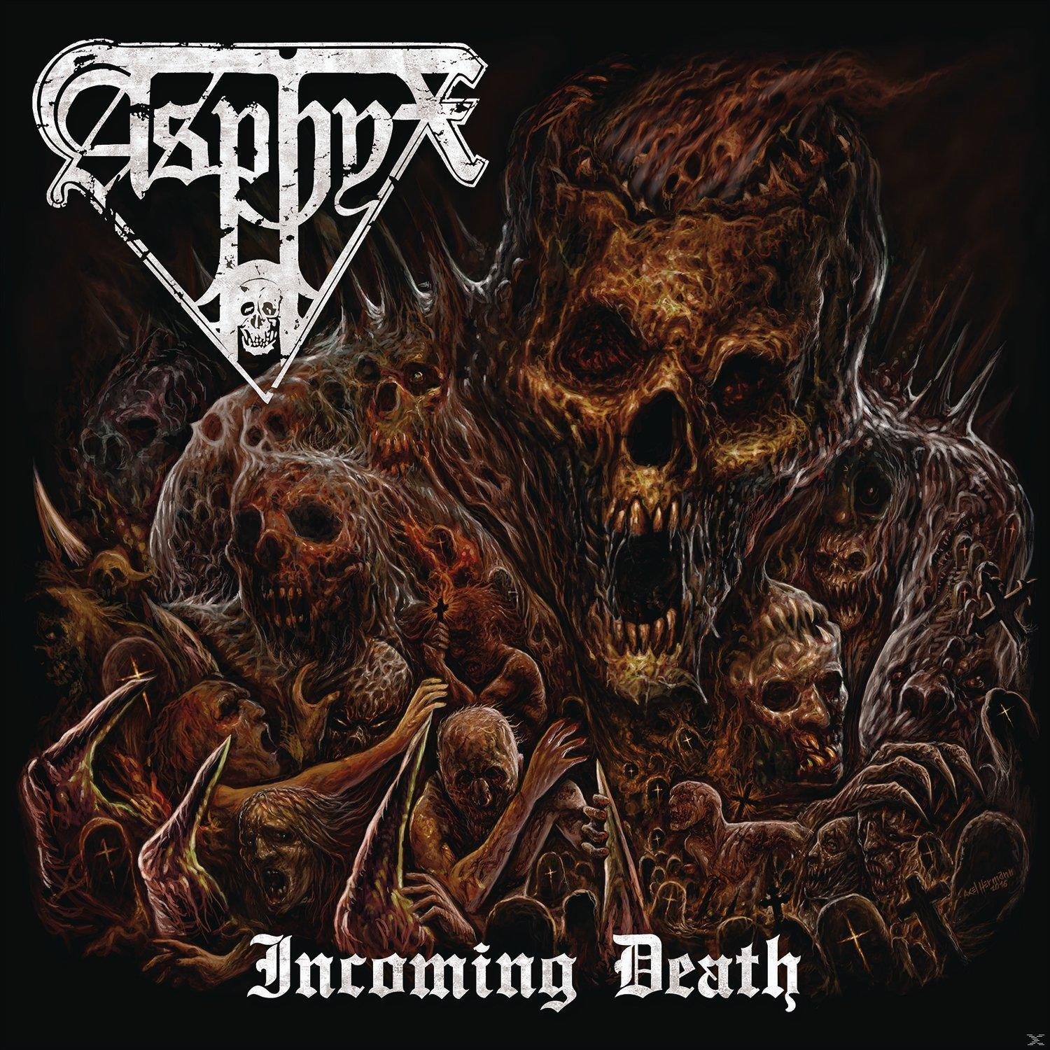 Album borító koponyával, zombikkal és szöveggel. Az album címe: 'Incoming Death', Asphyx-tól.