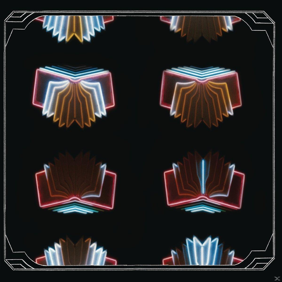 Albumcover mit Neonbüchern in sich wiederholendem Muster, mit schwarzem Hintergrund und dekorativem Rahmen.
