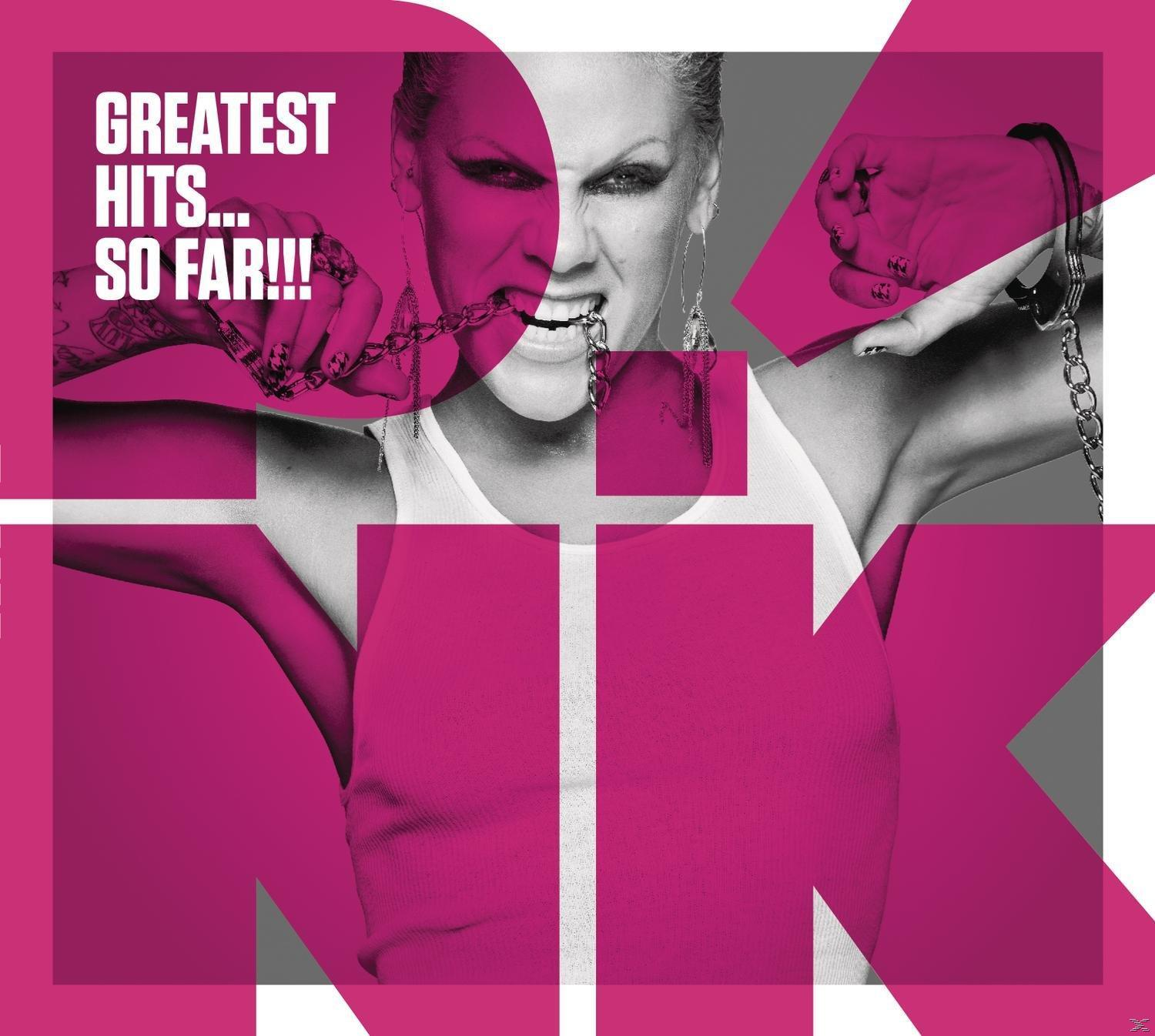 Pink album borító. Pink arc és kezek. Cím: Greatest Hits...So Far!!!