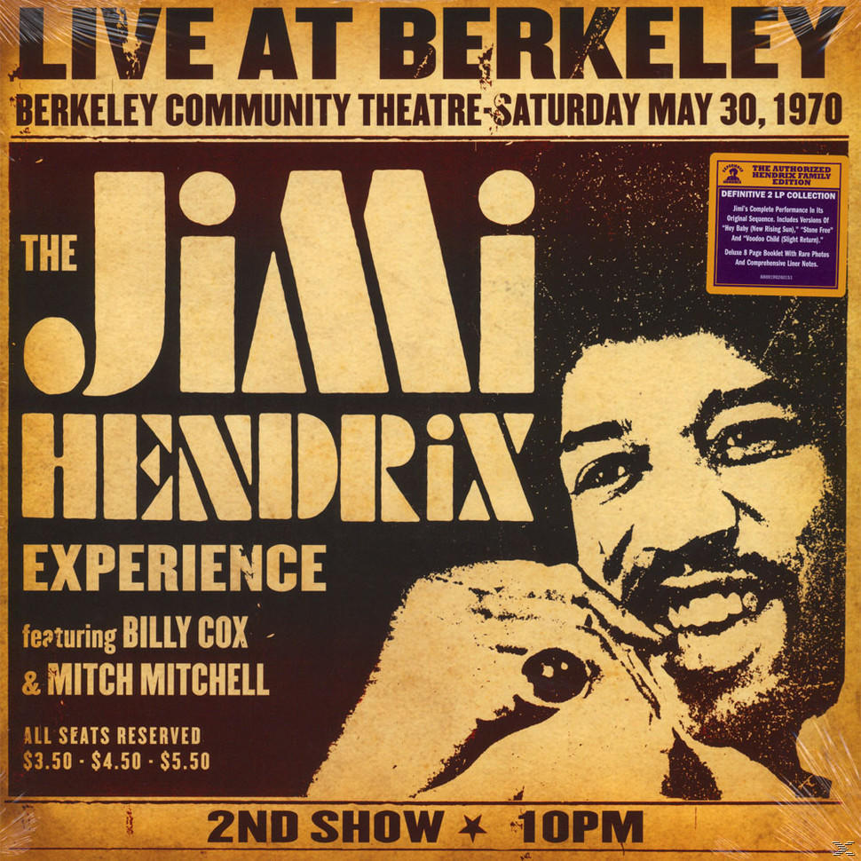 Album borító: Jimi Hendrix koncertplakát, Jimi Hendrix képével és a 'Live at Berkeley' szöveggel.